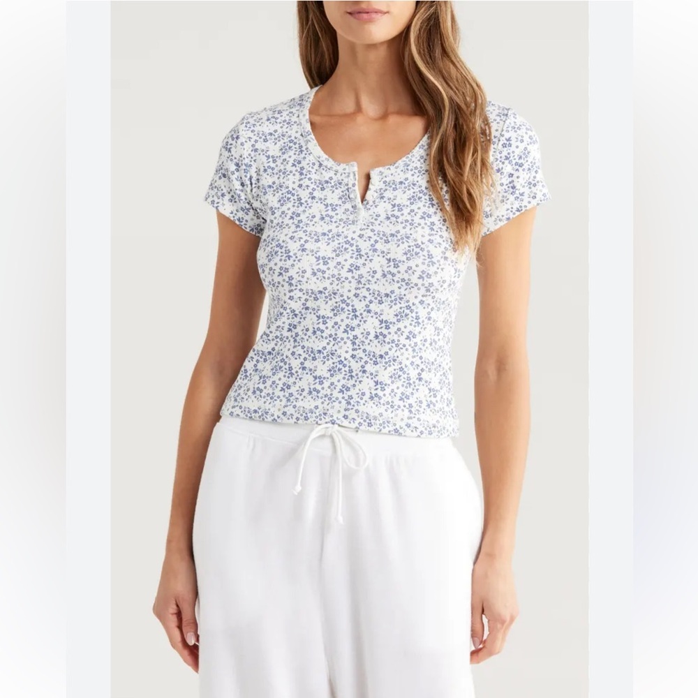Papinelle Pippa Pointelle Floral Print Pajama Top - Blue and White Small